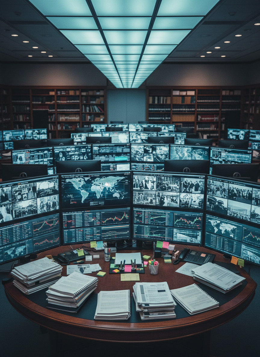 A large, meticulously organized newsroom command center rendered in photographic realism, with rows of sleek ultrawide monitors displaying different live maps, charts, and archival images. At the center sits a prominent circular desk covered with open printed reports, highlighters, and color‑coded sticky flags, suggesting active investigation without showing any people. Cool, diffused overhead lighting from a suspended grid casts soft, even illumination, with subtle reflections on the matte black monitor bezels. The background fades into shelves of labeled archival boxes and reference books, slightly out of focus. Shot from a slightly elevated, wide-angle perspective, the composition emphasizes depth and structure, conveying a serious, authoritative mood that reflects comprehensive, context-rich journalism repairing gaps in the news narrative.