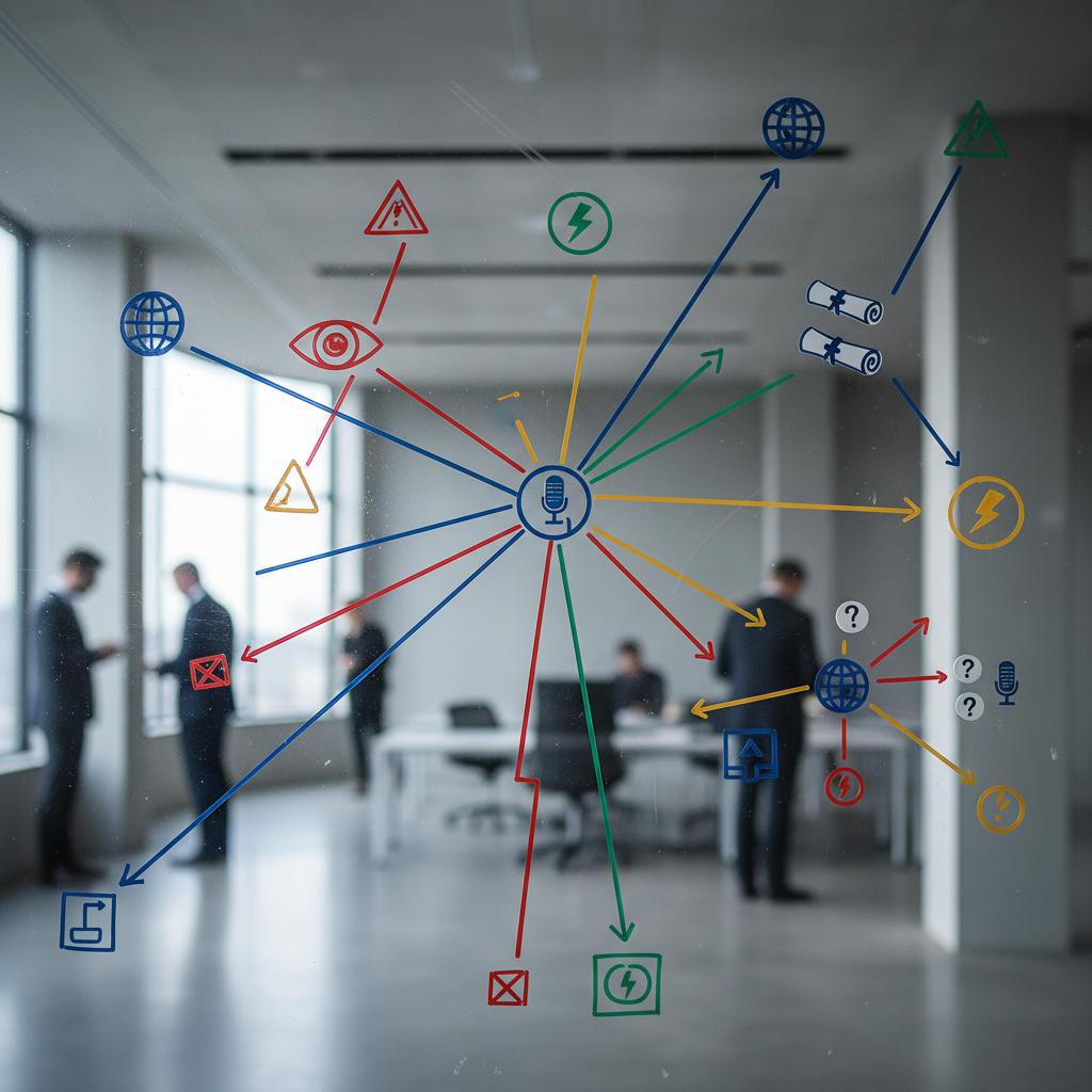 A close-up, photographic shot of a large transparent glass board filled with interconnected colored lines, arrows, and icon-like symbols instead of text, representing complex investigative connections. Magnetized tokens shaped like documents, microphones, and globe silhouettes are clustered in key areas, hinting at global news stories and missing links being repaired. The board stands in a minimalist, modern newsroom with concrete flooring and neutral walls, softly blurred in the background. Cool, indirect daylight from tall windows off-frame creates gentle reflections on the glass surface, highlighting smudges and fine marker strokes. Captured straight-on at eye level with shallow depth of field, the mood is analytical and methodical, embodying serious, trustworthy reporting that pieces together what others overlook.