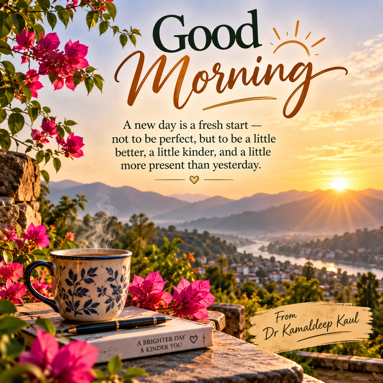A serene sunrise scene with pink bougainvillea flowers, a decorative coffee cup, and an inspirational good morning message overlooking a misty valley landscape